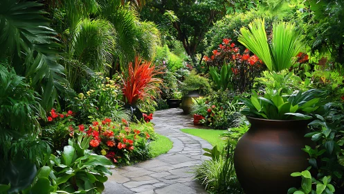 Lush tropical garden path with stone paving and urn planters.