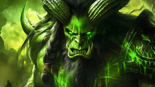 Emerald fury of a horned warrior in glowing chaos.