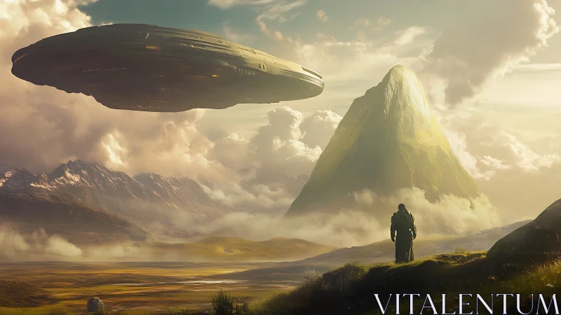 Starlit explorer observing colossal starship above monolith.