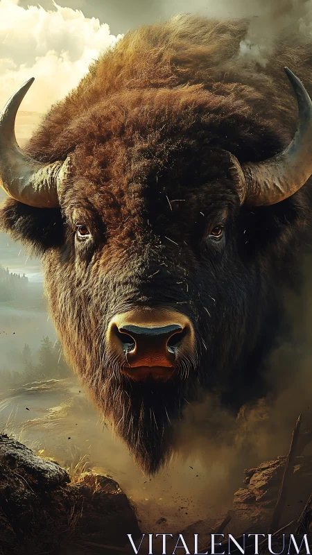 Large bison head emerging through dust in rugged landscape.