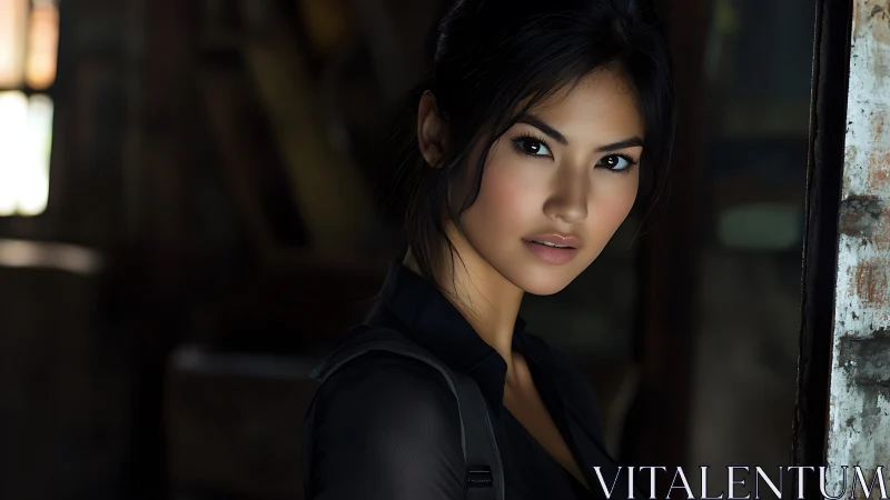 Shadowlit stare of a poised woman in worn urban hideout.