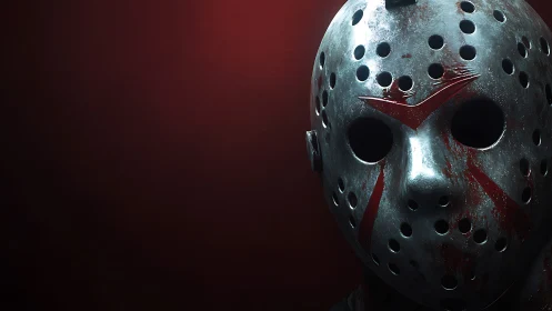 Steel mask in crimson light, a quiet horror icon revealed.