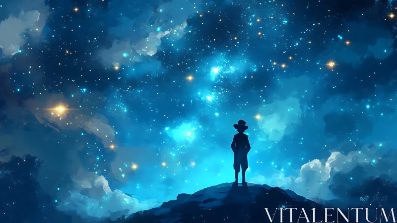 Stargazing dreamer standing quiet beneath a glowing sky.