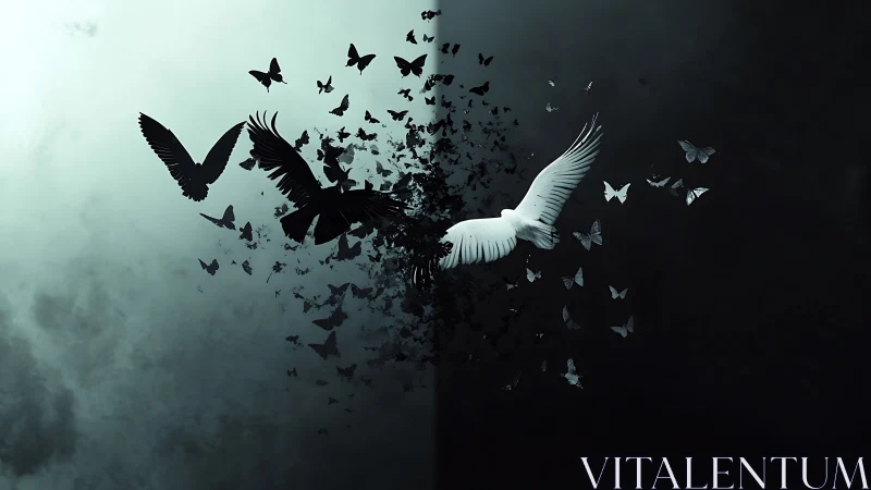 Contrasting white and black birds dissolving into butterflies.
