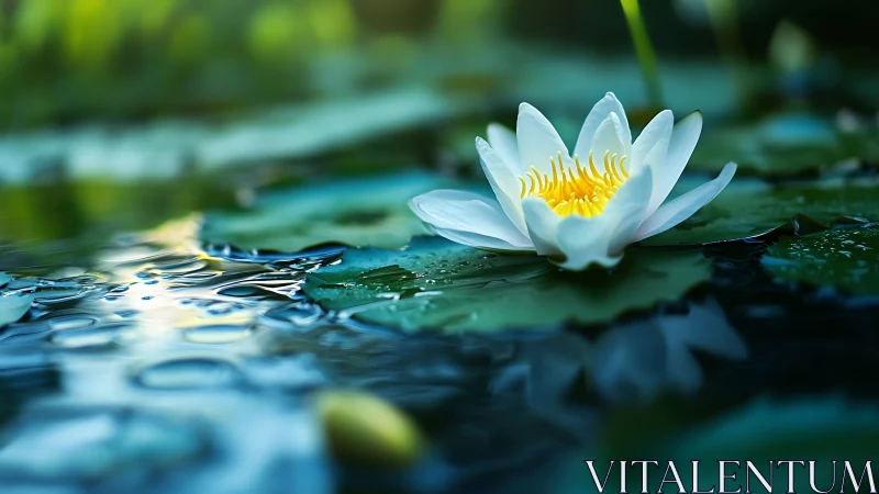 Water lily flower rests on calm pond surface in soft focus