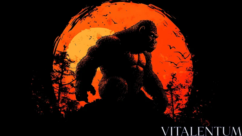 Gorilla silhouette stands before large red setting sun