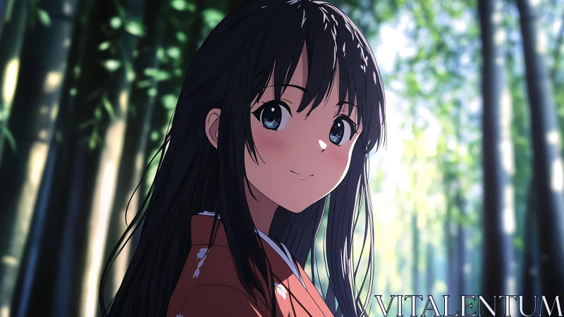Smiling anime girl in kimono within sunlit bamboo grove.