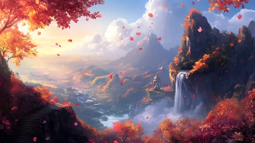 Autumnal fantasy valley with cascading waterfall and temples.