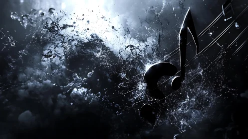 Storm-forged music notes crash through midnight water.