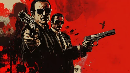 Two armed men in suits stand against a red abstract backdrop