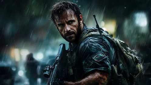 Battle hardened soldier in rain with rifle and backpack.