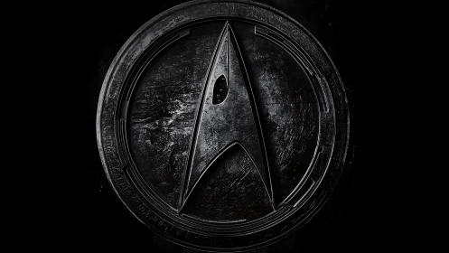 Dark metallic sci fi insignia on scratched circular emblem.
