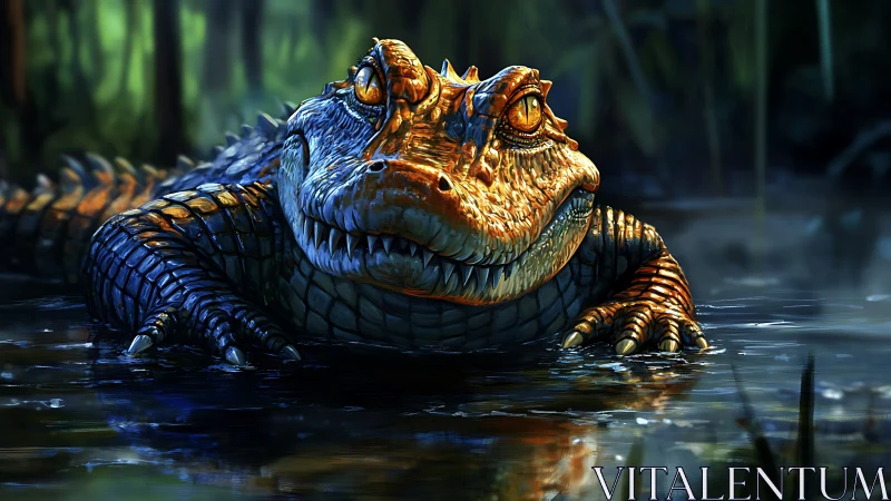 Iridescent alligator surfaces in misty blue swamp water.