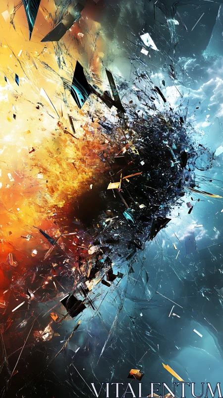 Kinetic collision of shards in blue orange digital vortex.