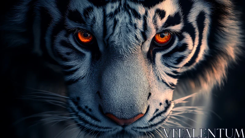 White tiger’s burning gaze cuts through the deep shadowed dusk