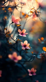 Pink and orange flowers on dark branches with shallow depth of field