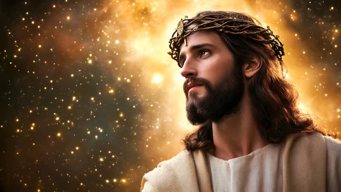 Luminous robed figure with thorn crown against star-filled nebular field