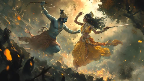 Mythic duel between two armed figures amid swirling smoke.