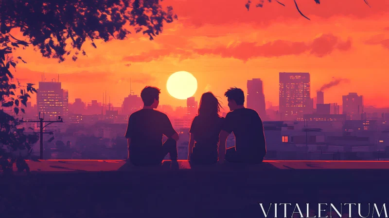 Friends sharing a glowing city sunset in quiet togetherness.