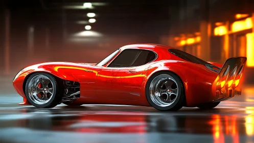 Red futuristic sports car stands in glossy urban garage