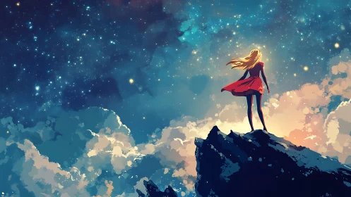 Girl in red dress stands on cliff under luminous night sky