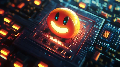 Smiley sphere on illuminated circuit platform in perspective.
