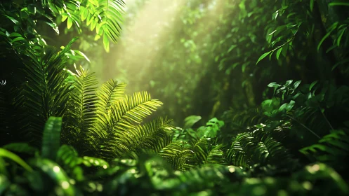 Sunlit Forest Sanctuary Among Lush Green Ferns.