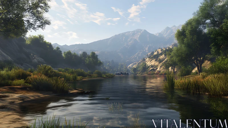 Mountain lake reflects tranquil trees in late afternoon light.