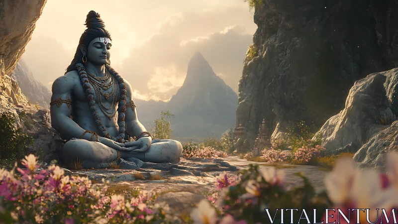 3D sacred Shiva sculpture in meditative Himalayan landscape focus.