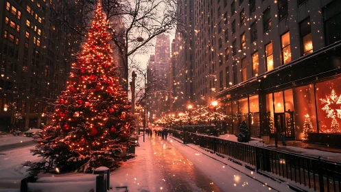 Glowing city Christmas tree lights up a snowy winter street
