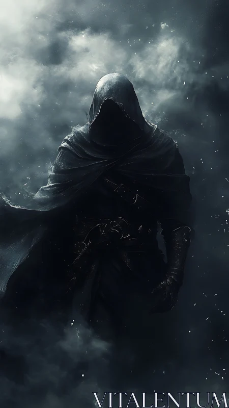 Cloaked shadow strides through stormlit midnight fog