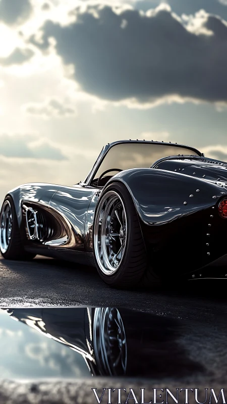 Low-angle rear view of glossy black roadster by wet asphalt