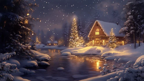 Snowlit river cradles a cabin wrapped in festive glow tonight