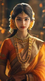 Golden marigold whispers crown a serene bridal gaze