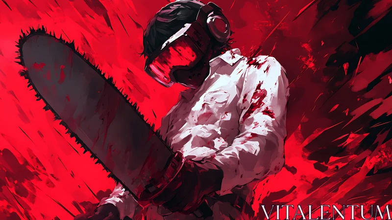 Blood-spattered chainsaw wielder dominates a kinetic red field