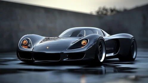 Sleek black supercar glows on wet concrete at dusk.