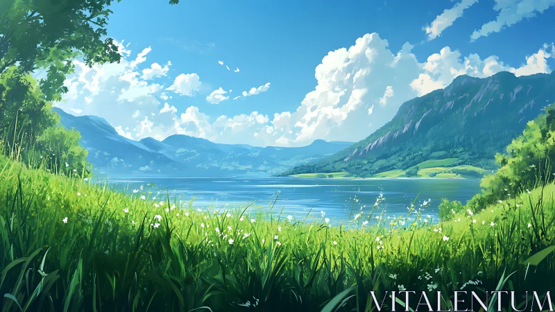 Soft summer lake and mountains invite a quiet, gentle pause