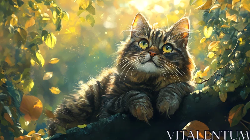 Luminous Forest Guardian Peers Through Golden Autumn Leaves