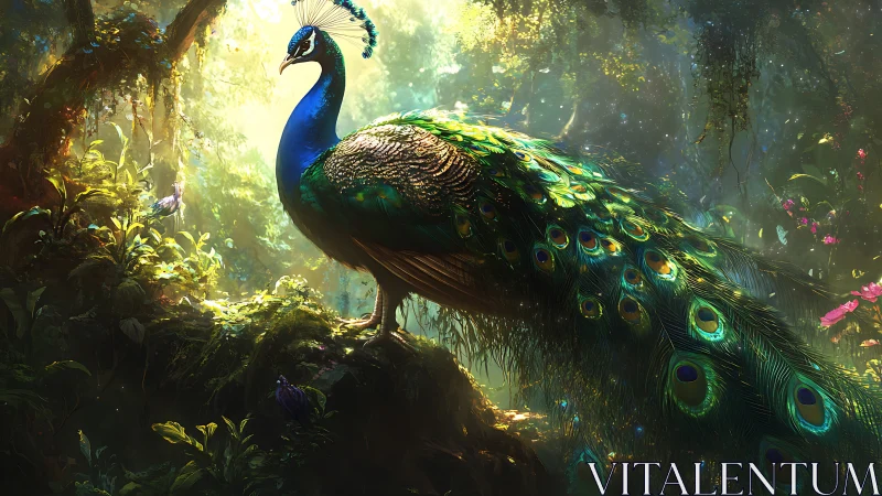 Jungle peacock conducts sunlight like a living emerald comet