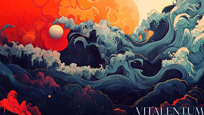 Cosmic storm waves surge beneath molten orange sun