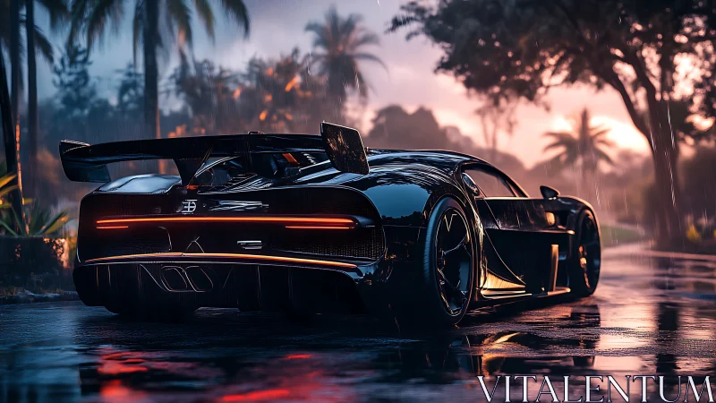 Midnight hypercar prowls through rainlit tropical asphalt