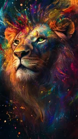 Majestic lion gazes through a storm of glowing cosmic color