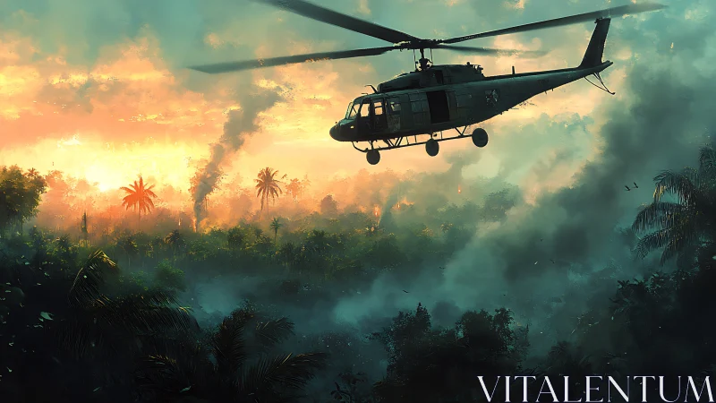 Lone helicopter gliding over misty jungle at fiery sunset.