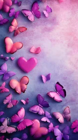 Vibrant pink butterflies and hearts over textured gradient sky.