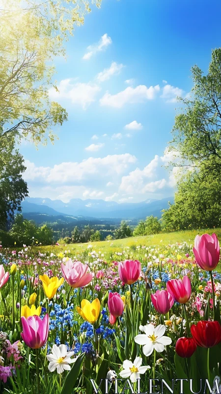 Alpine meadow blooms frame mountain vistas in spring.