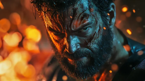 Battle-scarred warrior bathed in glowing ember light.