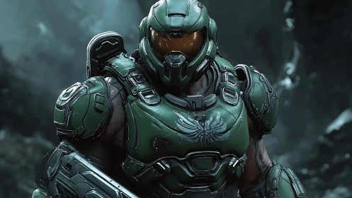 Heavily armored sci fi supersoldier in green exosuit portrait