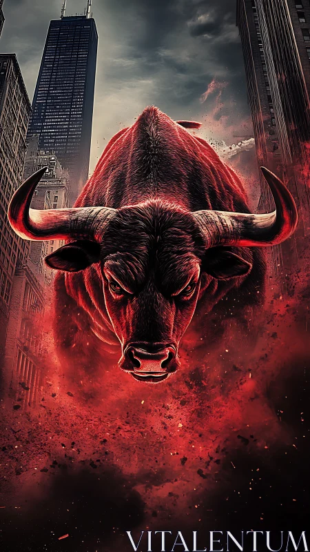 Crimson bull charges through urban canyon in explosive haze.