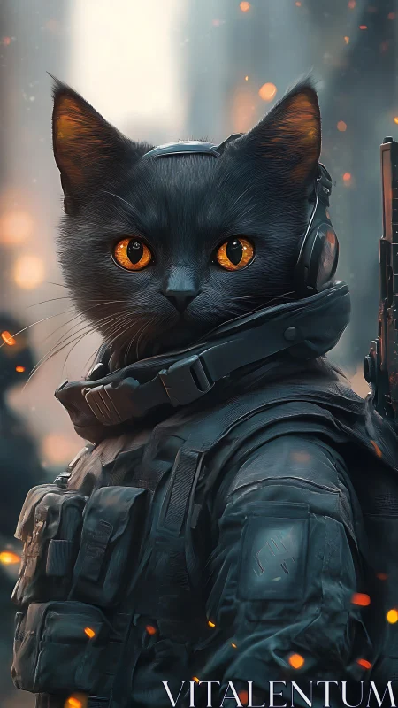 Tactical black cat operator in combat armor, ember-lit street
