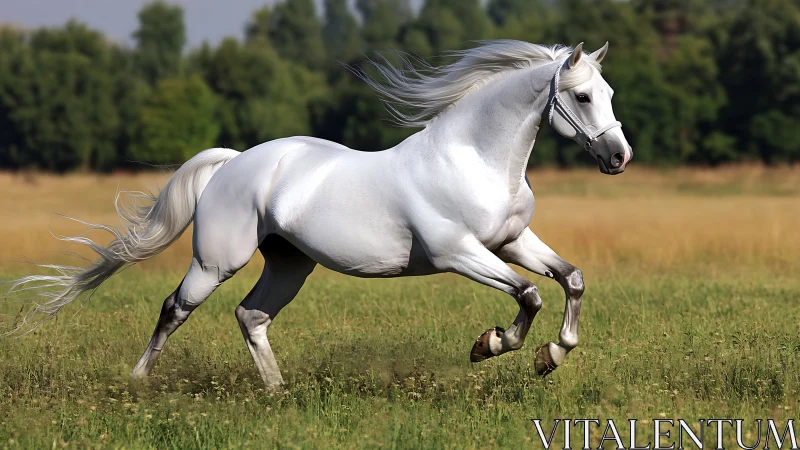 Galloping white horse captured mid-stride with dynamic motion blur